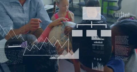 Image of statistics and data processing over diverse schoolchildren and male Foto stock