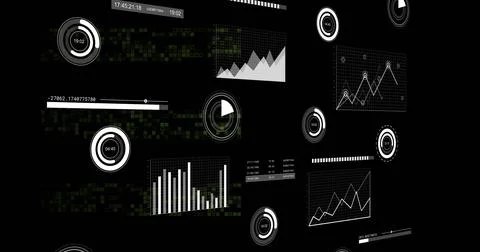 Image of statistics and data processing over black background 스톡 사진