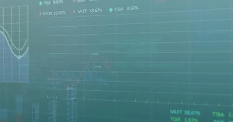 Image of statistics and data processing over blue background Foto stock