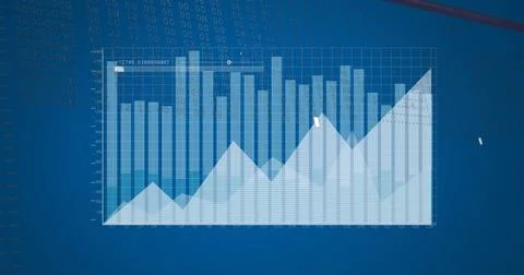 Image of statistics and data processing over blue background Stock Photos