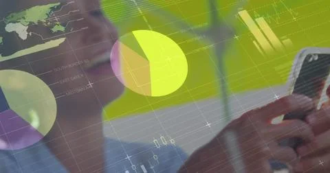 Image of statistics and data processing over woman using smartphone Foto stock