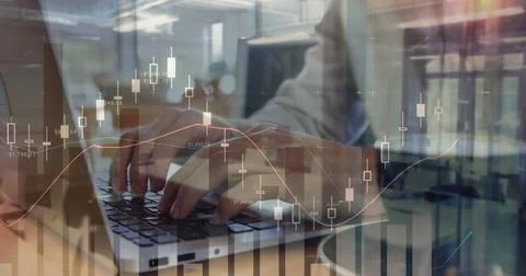 Image of statistics and data processing over man using laptop Foto stock