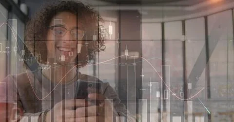 Image of statistics and data processing over man using smartphone 스톡 사진