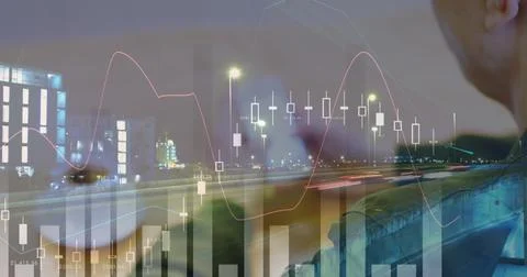 Image of statistics and data processing over cityscape and businessman using Stock Photos
