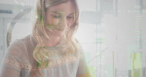 Image of statistics and data processing over businesswoman using smartphone Stock Photos