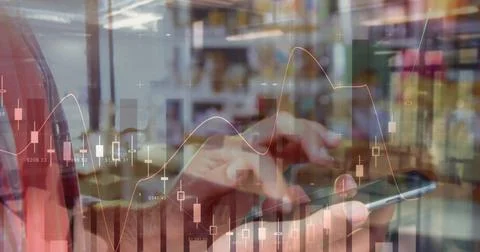Image of statistics and data processing over man using smartphone Stock Photos