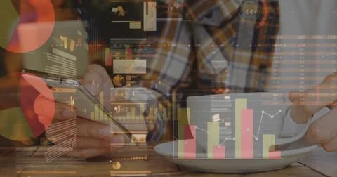 Image of statistics and data processing over man using smartphone 写真素材