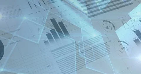 Image of statistics and data processing over screens on white Foto stock