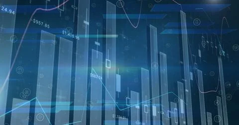 Image of statistics and data processing on blue background Stockfoto's