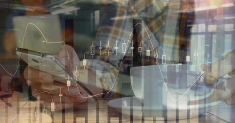 Image of statistics and data processing over man using smartphone 写真素材