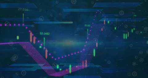 Image of statistics and data processing on blue background Stock Photos
