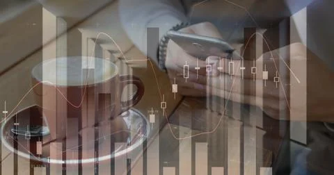 Image of statistics and data processing over man using smartphone 写真素材