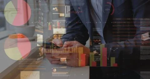 Image of statistics and data processing over man using smartphone Foto stock