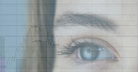 Image of statistics and data processing over woman's eye in background Stock Photos