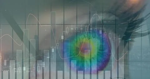 Image of statistics and data processing over woman's eye in background 스톡 사진
