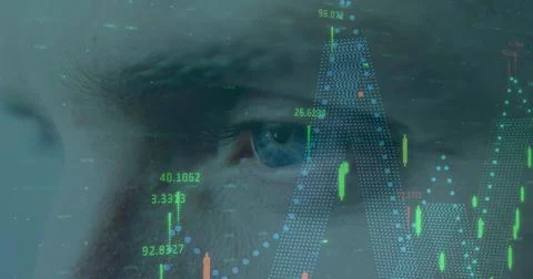 Image of statistics and data processing over man's eye in background Foto stock