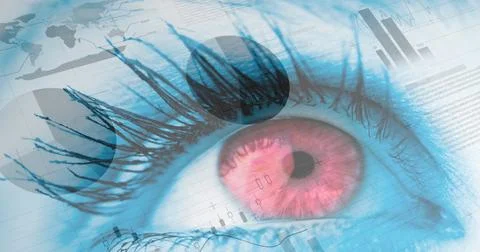Image of statistics and data processing over woman's eye in background Stock Photos