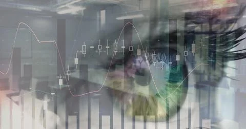 Image of statistics and data processing over woman's eye in background Stock Photos