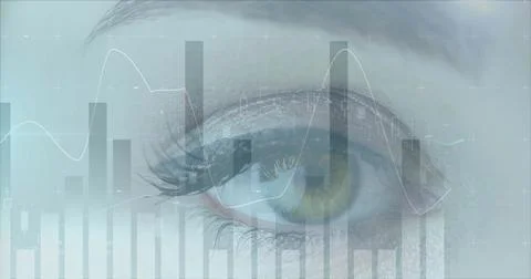 Image of statistics and data processing over woman's eye in background Foto stock