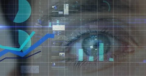 Image of statistics and data processing over woman's eye in background Stock Photos