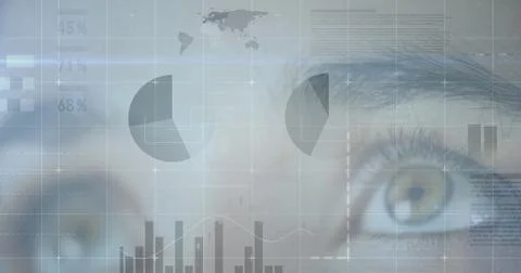 Image of statistics and data processing over woman's eye in background Stock Photos