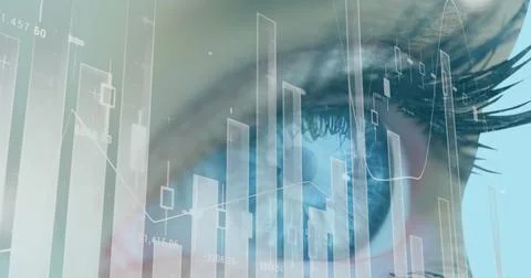 Image of statistics and data processing over woman's eye in background Stockfoto's