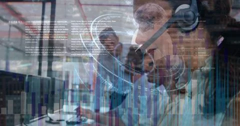 Image of statistics and data processing over business people using phone 写真素材