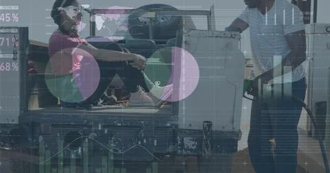 Image of statistics and data processing over man putting petrol in car Stock Photos