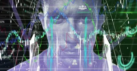 Image of statistics and data processing over man's face 스톡 사진