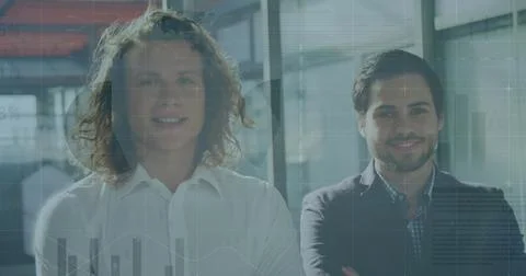 Image of statistics and data processing over businessmen 스톡 사진