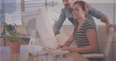 Image of statistics and data processing over business people using computer in Stock Photos
