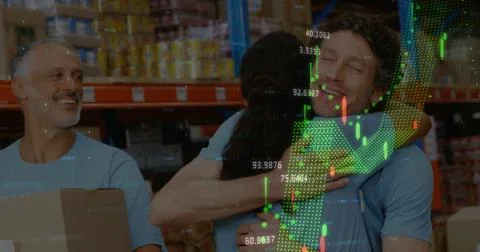 Image of statistics and data processing over happy diverse colleagues embracing 写真素材