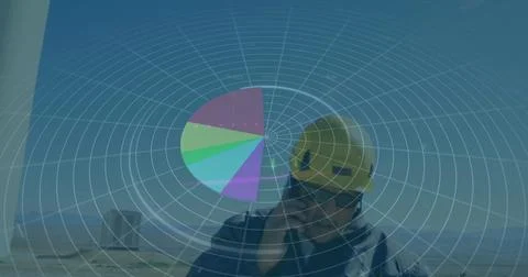 Image of statistics and data processing over wind turbine on blue background 写真素材