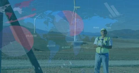 Image of statistics and data processing over wind turbines and engineer on blue Stock Photos