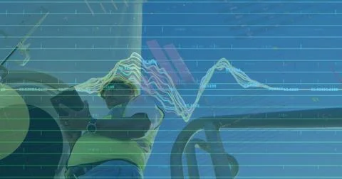 Image of statistics and data processing over wind turbine and engineer on blue Stock Photos