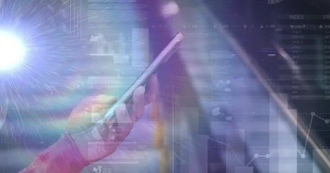 Image of statistics and data processing over caucasian man using smartphone 写真素材
