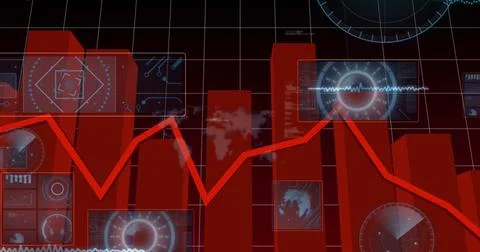 Image of statistics and data processing on grey background 스톡 사진