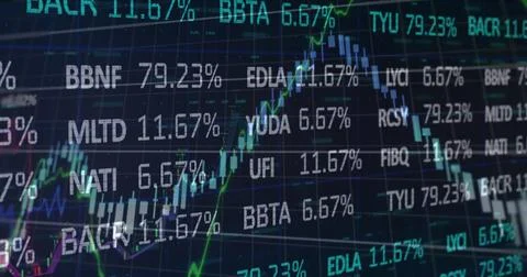Image of statistics and data processing over icons on black background Stock Photos