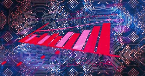 Image of statistics and data processing over computer circuit board Foto stock