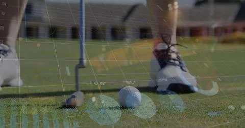 Image of statistics and data processing over caucasian man playing golf 스톡 사진