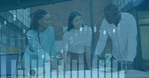 Image of statistics and data processing over man using computer and city street Stock Photos