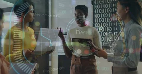 Image of statistics and data processing over business people wearing phone Stock Photos