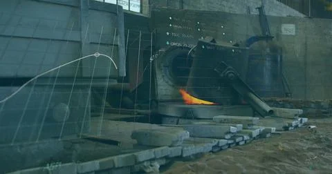 Image of statistics and data processing over furnace in factory Stock Photos