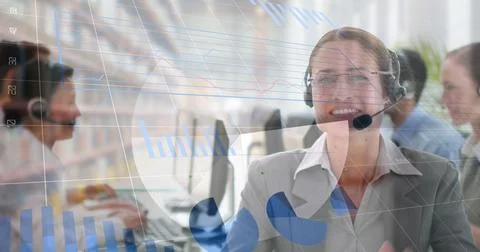 Image of statistics and data processing over businesswoman using phone headset Foto stock