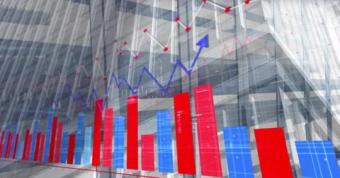 Image of statistics and data processing over cityscape and computer servers Stock Photos