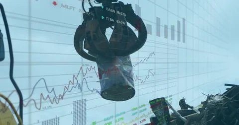 Image of statistics and data processing over scrap yard Stock Photos