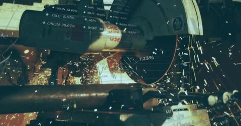Image of statistics and data processing over grinder in factory Stock Photos
