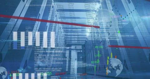 Image of statistics and data processing over computer server background Stock Photos