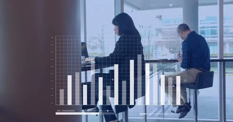 Image of statistics and data processing, diverse business people with computers 스톡 사진
