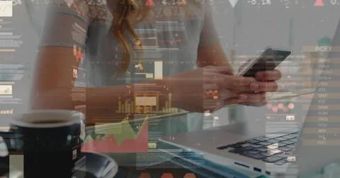 Image of statistics and data processing over woman using smartphone Stock Photos
